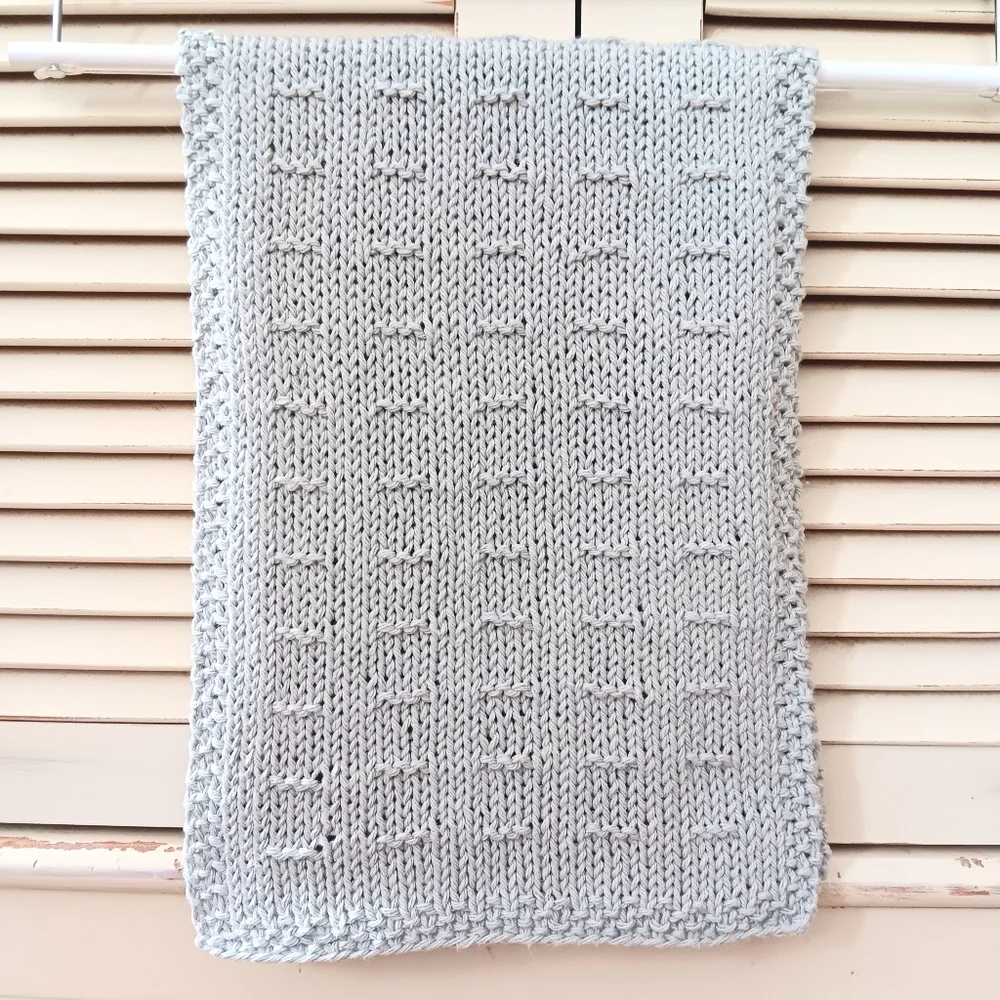 Hand Crafted Hand Knit Light Silver Gray Textured Dash Stripe Cotton Hand Towel
